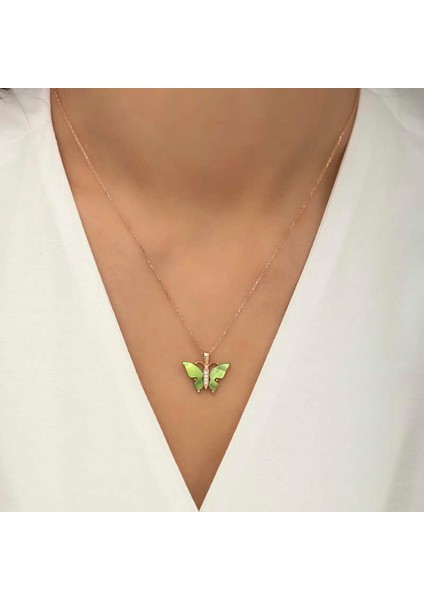 Gümüş Rose Yeşil Kaplangözü Taşlı Kelebek Kolye modelleri