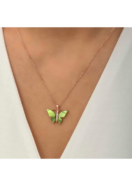 Gümüş Rose Yeşil Kaplangözü Taşlı Kelebek Kolye fırsatları