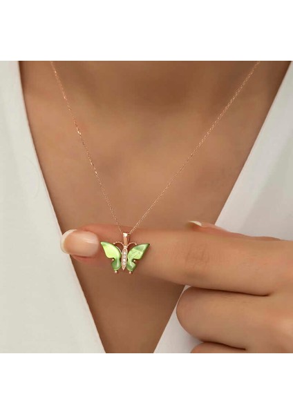 Gümüş Rose Yeşil Kaplangözü Taşlı Kelebek Kolye indirimleri