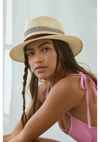 Kadın Fileli Nefes Alan Suni Deri Şeritli Hasır Panama Şapka-Bej