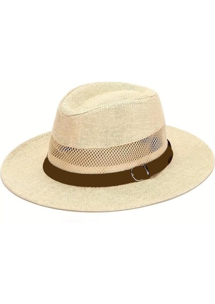 Kadın Fileli Nefes Alan Suni Deri Şeritli Hasır Panama Şapka-Bej fiyatları