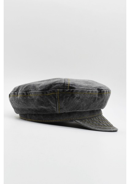 Kadın Kot Şapka Driver Kasket Flat Cap Kaptan Şapkası - Siyah