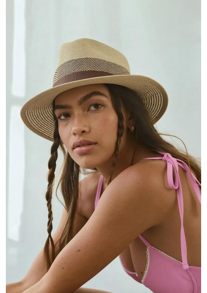 Kadın Fileli Nefes Alan Suni Deri Şeritli Hasır Panama Şapka-Camel