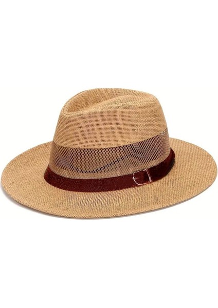 Kadın Fileli Nefes Alan Suni Deri Şeritli Hasır Panama Şapka-Camel fiyatları