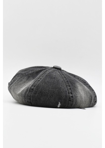 Kadın Kot Ressam Beresi Fransız Yırtıklı Denim Şapka - Siyah