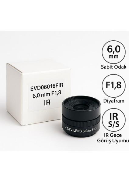 Fixed Iris 6.0mm F1.8 Mega Lens | IR Destekli, CCTV Sabit Odaklı Güvenlik Kamerası Lens
