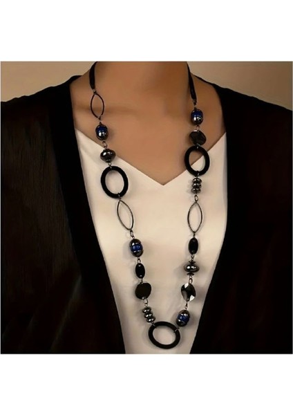 Offıce Necklace Günlük Giyim Boho Tarzı Reçine Taşlı Siyah Uzun Ofis Kolye