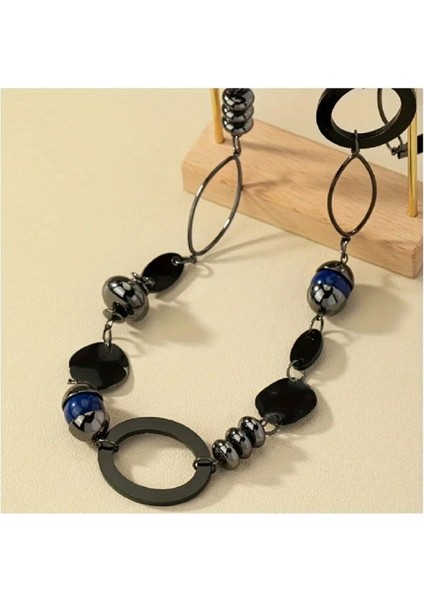 Offıce Necklace Günlük Giyim Boho Tarzı Reçine Taşlı Siyah Uzun Ofis Kolye