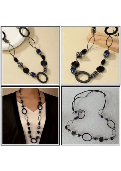 Offıce Necklace Günlük Giyim Boho Tarzı Reçine Taşlı Siyah Uzun Ofis Kolye