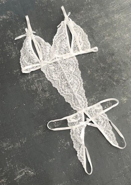 Beyaz Özel Bölgesi Açık Dantel Detaylı Bodysuit