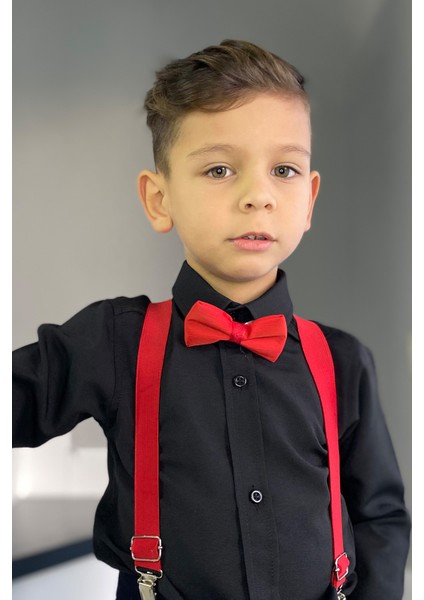 Erkek Çocuk Siyah Gömlek Kırmızı Askı Papyon Takım