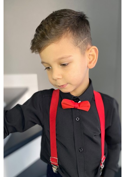 Erkek Çocuk Siyah Gömlek Kırmızı Askı Papyon Takım modelleri