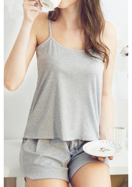 Kadın Gri Şortlu Penye Gecelik Takımı modelleri