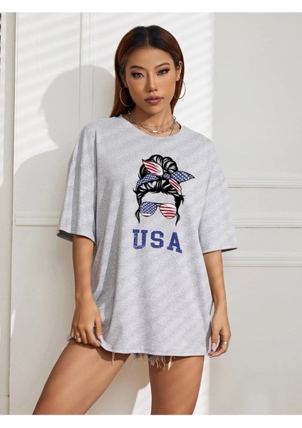 Kadın / Kız Usa Amerikalı Kız Baskılı Gri Siyah Oversize T-Shirt Salaş Boyfirend fırsatları