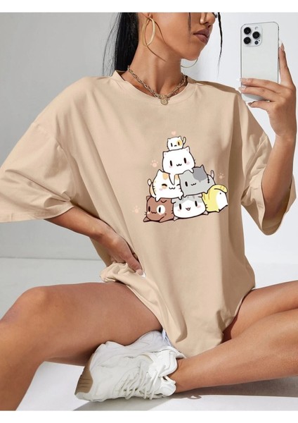 Cut Cats Baskılı Kadın / Kız Oversize Salas T-Shirt Boyfriend