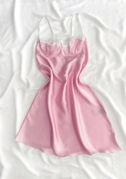 Pembe Pötikareli Göğüs Dantel Detaylı Saten Gecelik