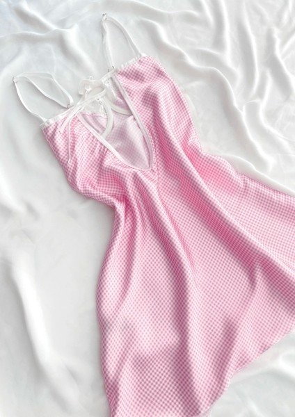 Pembe Pötikareli Göğüs Dantel Detaylı Saten Gecelik modelleri