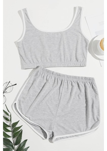Kadın Gri Askılı Crop Top ve Şortlu Gecelik Takım