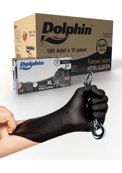 Dolphin Siyah Nitril Eldiven Pudrasız Ekstra Kalın Xl 100 Adet x 10 Paket - Koli