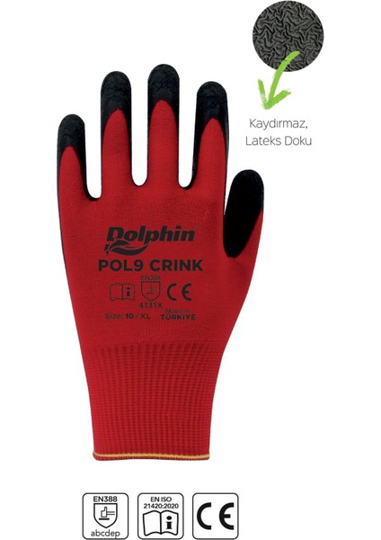 Dolphin Polyester Lateks Iş Eldiveni Kırmızı/siyah Pol9 Crınk 10-Xl 1 Çift