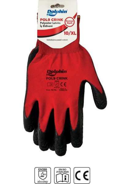 Dolphin Polyester Lateks Iş Eldiveni Kırmızı/siyah Pol9 Crınk 10-Xl 1 Çift