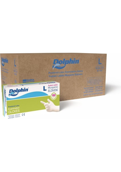 Dolphin Pudralı Lateks Muayene Eldiveni L Beden 100 Adet x 20 Paket - Mdr - Koli