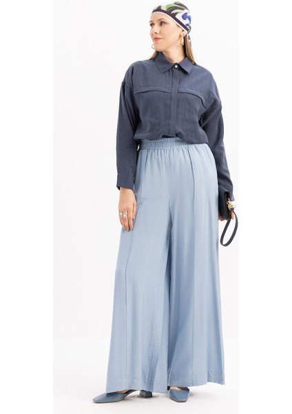 Mavi-Beli Lastikli Geniş Paça Pantolon