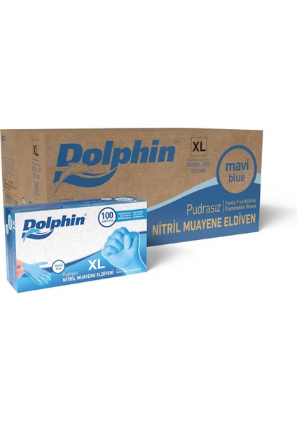 Dolphin Pudrasız Mavi Nitril Muayene Eldiveni Xl Beden 100 Adet x 20 Paket - Mdr - Koli