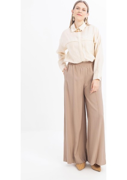 Vizon-Beli Lastikli Geniş Paça Pantolon