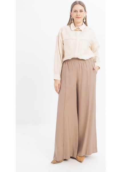 Vizon-Beli Lastikli Geniş Paça Pantolon fiyatları
