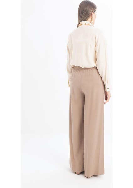 Vizon-Beli Lastikli Geniş Paça Pantolon modelleri