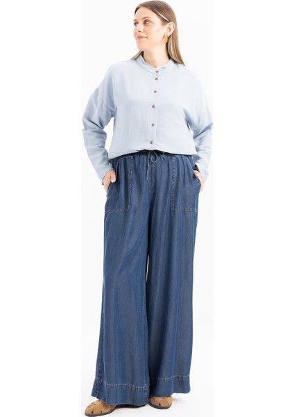 Koyu Mavi-Beli Lastikli Bol Paça Denim Pantolon
