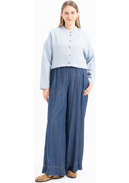 Koyu Mavi-Beli Lastikli Bol Paça Denim Pantolon fiyatları