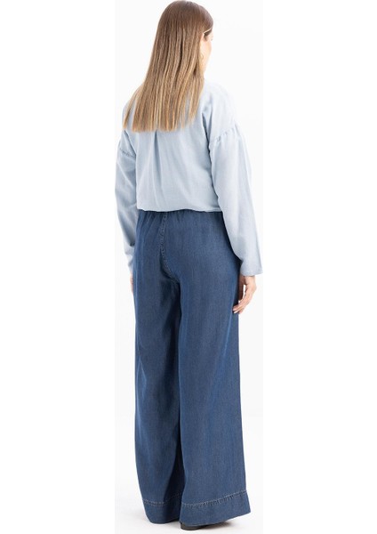 Koyu Mavi-Beli Lastikli Bol Paça Denim Pantolon fırsatları