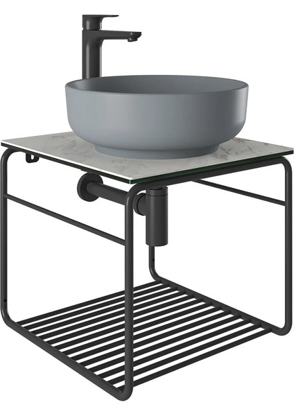 Volo 45 cm Yuvarlak Mat Gri Lavabolu Metal Banyo Mobilya Seti 310300104132