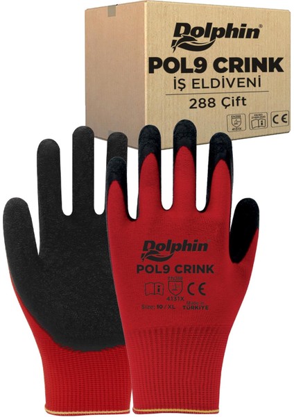 Dolphin Polyester Lateks Iş Eldiveni Kırmızı/siyah Pol9 Crınk 10-Xl 288 Çift - Koli