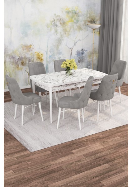 Arven Serisi 80X132 Açılabilir Mdf Beyaz Mermer Desen Mutfak Masa Takımı 6 Sandalye