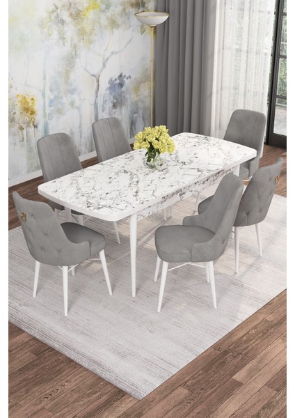 Arven Serisi 80X132 Açılabilir Mdf Beyaz Mermer Desen Mutfak Masa Takımı 6 Sandalye
