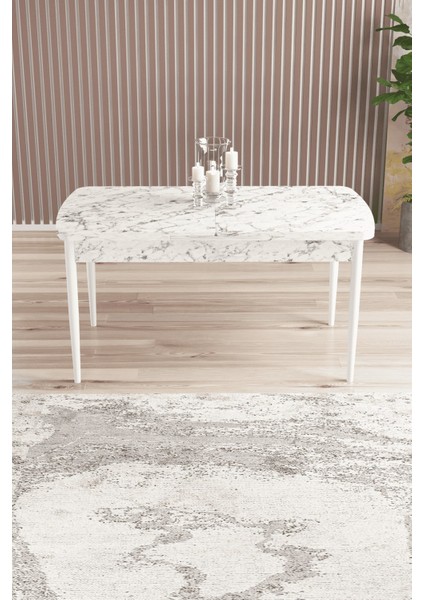 Arven Serisi 80X132 Açılabilir Mdf Beyaz Mermer Desen Mutfak Masa Takımı 6 Sandalye