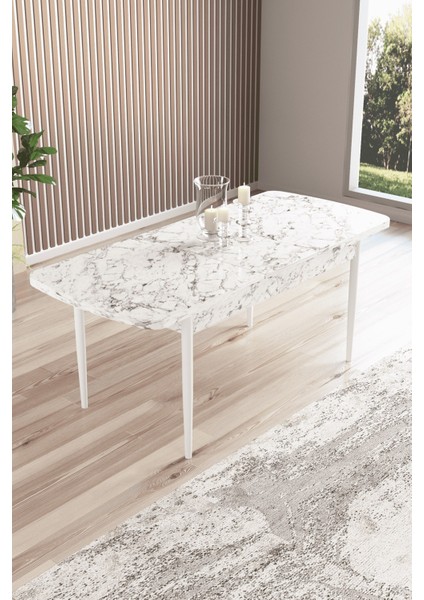 Arven Serisi 80X132 Açılabilir Mdf Beyaz Mermer Desen Mutfak Masa Takımı 6 Sandalye