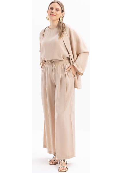 Bej-Beli Lastikli Palazzo Modal Pantolon