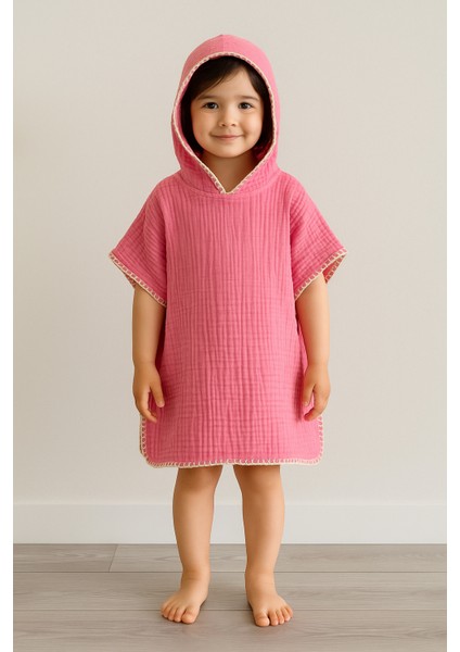 %100 Organik 4 Katlı Multi Muslin Panço -Pembe