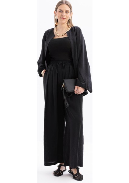 Siyah-Beli Lastikli Palazzo Modal Pantolon