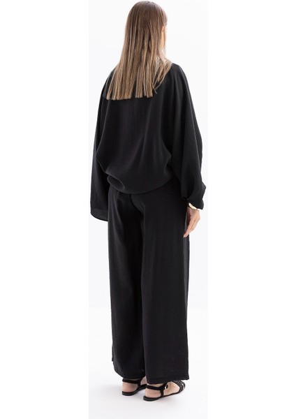 Siyah-Beli Lastikli Palazzo Modal Pantolon