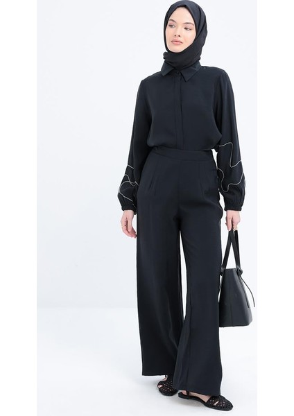 Siyah-Yandan Fermuarlı Modal Geniş Paça Pantolon fiyatları