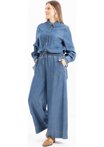 Açık Mavi-Beli Lastikli Bol Paça Denim Pantolon