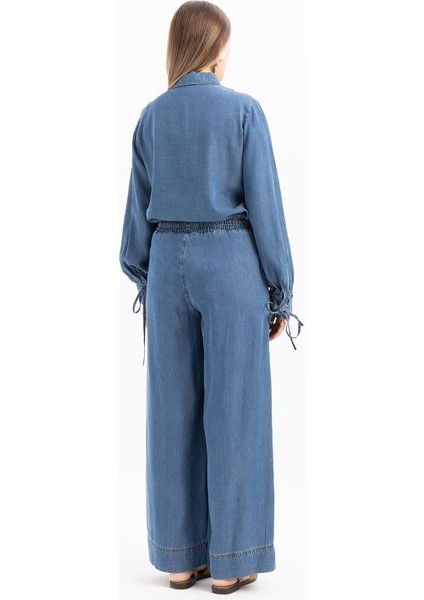 Açık Mavi-Beli Lastikli Bol Paça Denim Pantolon fırsatları