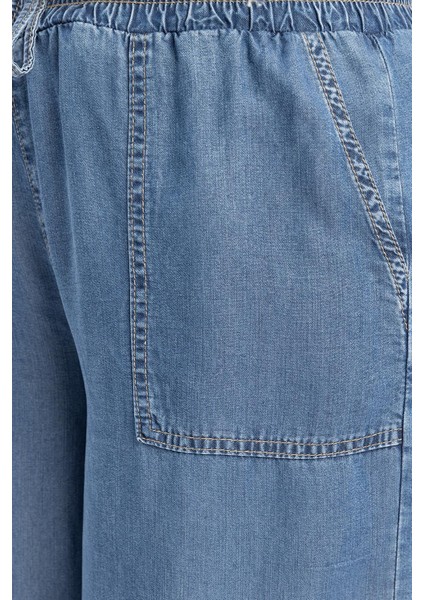 Açık Mavi-Beli Lastikli Bol Paça Denim Pantolon indirimleri