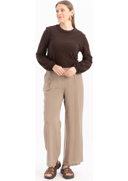 Vizon-Pileli Geniş Paça Keten Pantolon