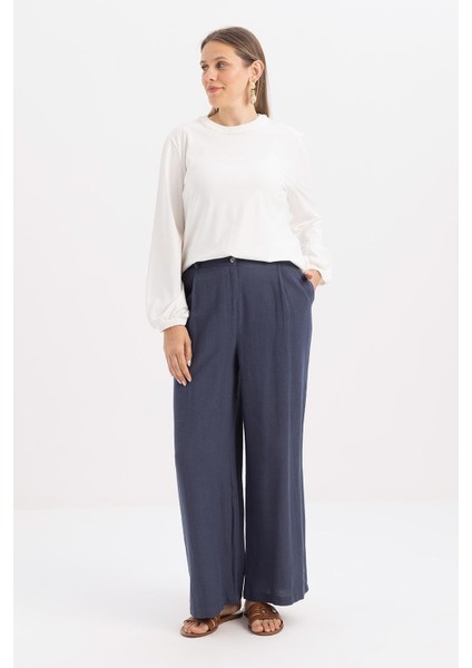 Indigo-Pileli Geniş Paça Keten Pantolon